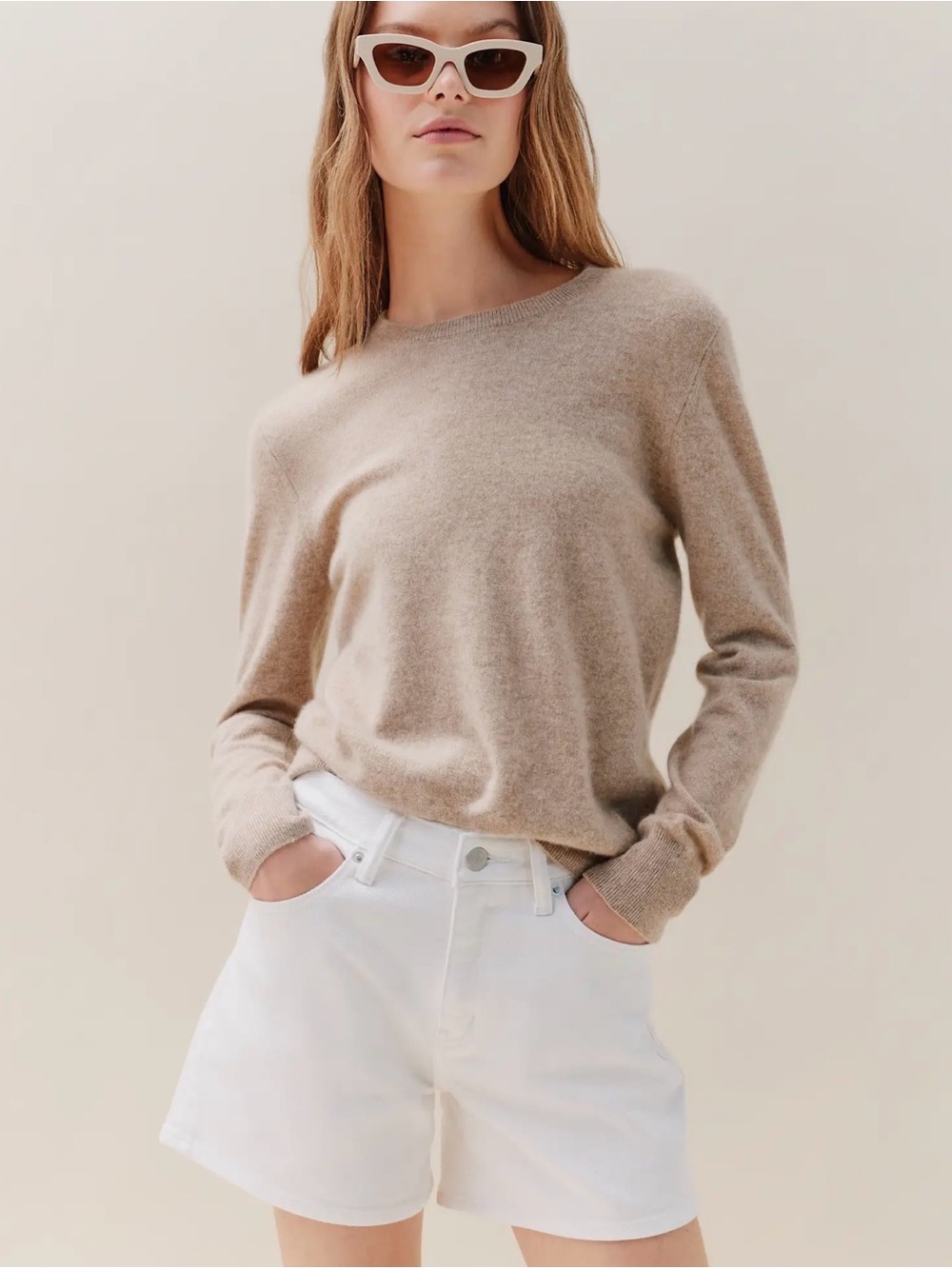 Quince Beige Scoop Neck Cashmere-Blend Sweater